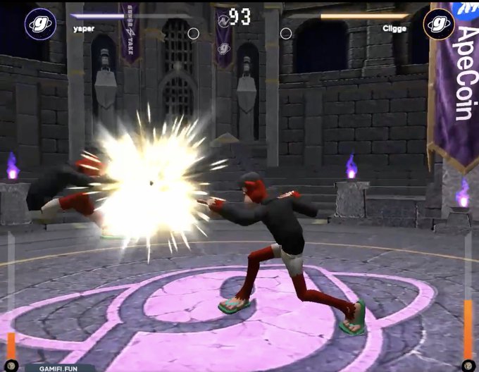 The image features a video game scene with two characters, one of which is wearing a black jacket and red pants while holding a gun. The other character appears to be running away from the first character who is throwing a punch at them. There are also several other people in the background, possibly engaged in their own activities or watching the gameplay unfold.