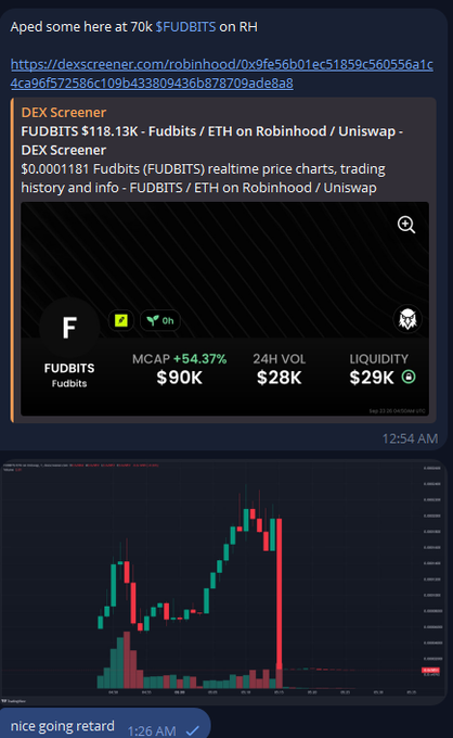 A Discord message shows someone recommending "Ape some here at 70k $FUDBITS on RH" with a DEX Screener link displaying the FUDBITS/ETH trading pair at a $90K market cap and $29K liquidity, followed by a screenshot of a candlestick chart showing a sharp price decline and the comment "nice going retard" — illustrating a failed "ape in" call where the token's value quickly collapsed after the recommendation.