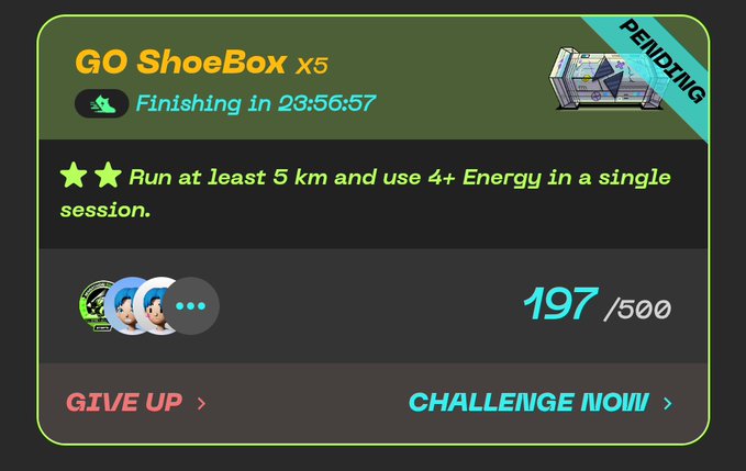 A STEP'N app challenge card titled 'GO ShoeBox x5' marked PENDING, requiring running at least 5 km and using 4+ Energy in a single session, with 197/500 progress.