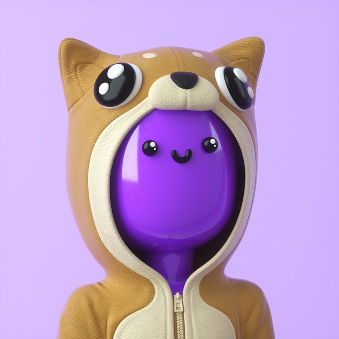 A 3D-rendered purple character with a simple smiling face wears a tan dog or bear onesie costume with floppy ears and large, cartoonish eyes, set against a light purple background.