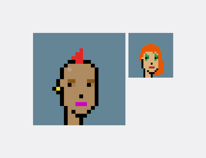 Two pixel art character portraits are displayed on gray backgrounds: a bald tan-skinned figure with a red mohawk and pink lips on the left, and a smaller figure with long orange hair and green eyeshadow on the right.
