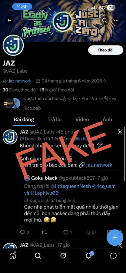 A Twitter/X profile screenshot of 'JAZ' (@JAZ_Labs) with the tagline 'Exactly as Promised Just A Zero', showing a reply to Goku black (@gokublack697) overlaid with a large red 'FAKE' stamp warning users of impersonation.
