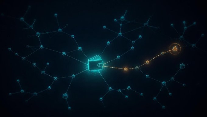 A digital network visualization with a glowing teal wallet icon at the center connected by lines to various nodes, with a warning symbol on the right side against a dark blue background.