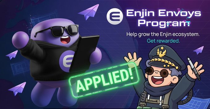 Promotional graphic for 'Enjin Envoys Program' featuring cartoon characters and 'APPLIED!' text.