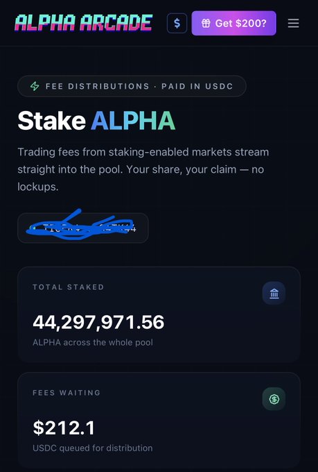 A webpage for 'ALPHA ARCADE' displays a 'Stake ALPHA' section showing a 'TOTAL STAKED' amount of '44,297,971.56' and 'FEES WAITING' of '$212.1' in USDC.