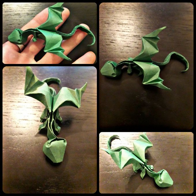 A collage of four photos showcasing a detailed green origami dragon, displaying its folded wings and tail from multiple angles, with one image showing it being held in a hand.