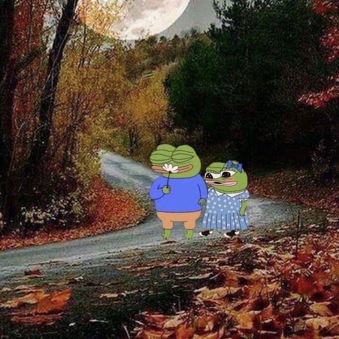 A surreal image of two Pepe the Frog characters standing together on an autumn forest path under a large moon.