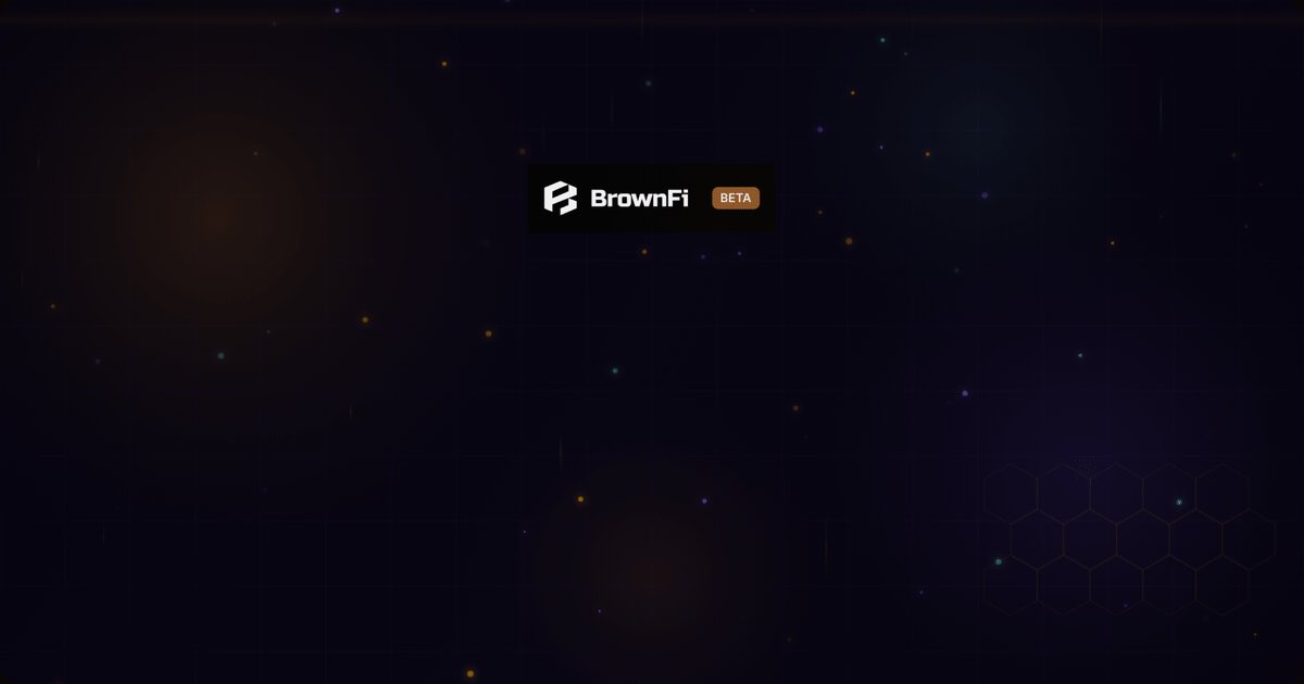 The image shows a large, dark blue space with many small dots scattered throughout. The background of the image has a gradient color scheme that transitions from brown at the top to black at the bottom. In the center of this space, there is a logo for BrownFi V3 beta, which is a code for an online game called "BrownFi". The text on the image reads: "BrownFi V3 beta 下一代 AMM BrownFi V3 beta 即将于 6 月 16 日 保持 50/50 平衡", which is a description of the game.