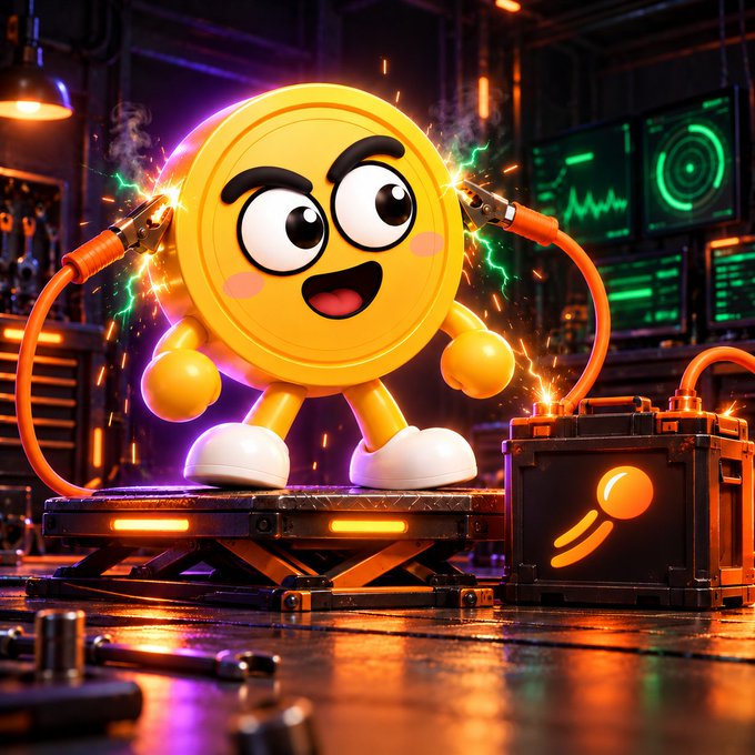 A 3D-rendered cartoon golden coin character with a face connected via cables to a battery, standing on a platform in an industrial setting with sparks flying and green screens visible.