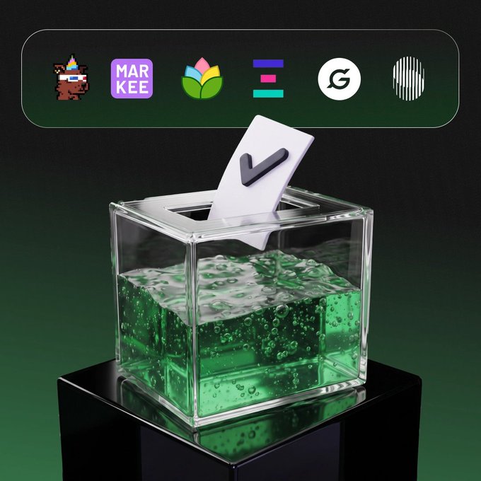 A transparent ballot box filled with green liquid contains a ballot marked with a checkmark, symbolizing the act of voting. Above it, logos for six projects—including MAR KEE and other crypto/tech brands—are displayed in a row, representing the option to distribute votes across all projects in the Superfluid Snapshot governance vote.