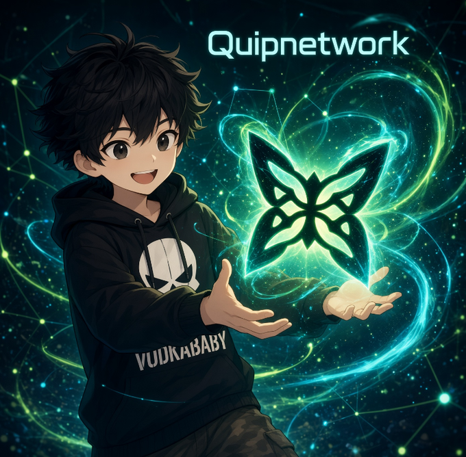 An anime-style illustration of a smiling boy in a black hoodie reaching toward a glowing green butterfly, with text 'Quipnetwork' and 'VUJKABABY' visible.