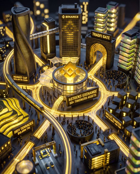 A stylized golden futuristic cityscape depicts a crypto-themed metaverse with labeled landmarks including "BINANCE," "TRADFI GATE," "MARKET CAP," "STOCKS EXCHANGE 50+ TOKENIZED ASSETS," "DEFI TERRACES $10.6M TVL," and "WALLET QUARTER," visually representing the Binance Town project's concept of a virtual financial hub bridging crypto and tokenized stocks.