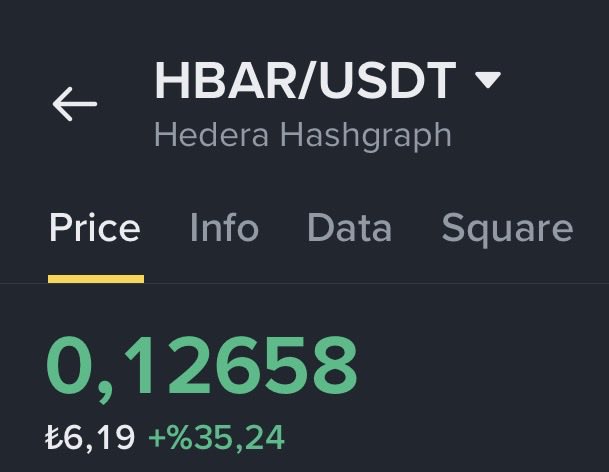 A mobile screenshot displays the HBAR/USDT (Hedera Hashgraph) cryptocurrency price page, showing a current price of $0.12658 and a Turkish lira equivalent of ₺6.19, with a notable 24-hour gain of +35.24%. The image aligns with the post's hopeful sentiment about Hedera (HBAR) reaching $4 in the next bull run, currently being priced much lower despite its strong daily performance.