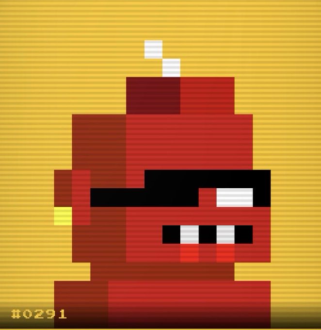 A pixel art rendering of a red character, possibly a tomato or apple-like figure with white stem and teeth, labeled '#0291' on a yellow background.