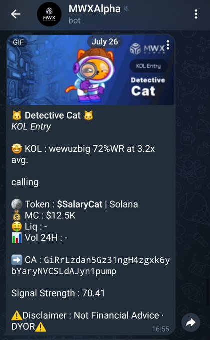 A Telegram bot message from "MWXAlpha" dated July 26 displays a "Detective Cat" KOL Entry signal for the token **$SalaryCat** on Solana, noting a market cap of **$12.5K** with a **70.41 signal strength** and a win rate of **72%WR at 3.2x avg.** The accompanying caption highlights that this early call resulted in a 112x gain, reaching a $1.4M ATH from the initial $12.5K MC signal.