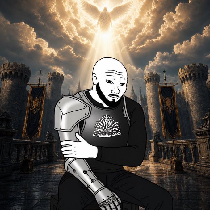 In the center of the image, we see a cartoonish man wearing a black shirt and armor, sitting cross-legged on a stool with his arms crossed over his chest. The man appears to be looking up at the sky or something above him, as if pondering upon something important. The background features a medieval setting with various structures such as towers and walls, adding to the overall atmosphere of the image. Above these buildings, there is a large archway that has an angelic figure on it, giving the scene an ethereal touch.
