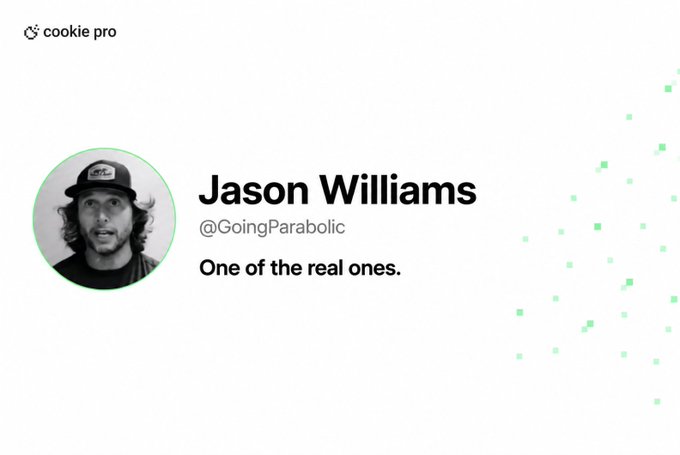 The image shows a profile card for Jason Williams (@GoingParabolic) with a circular photo of a man wearing a backwards cap, accompanied by his bio "One of the real ones." This appears to relate to the post about his $TBB coin launch on pump.fun, which highlights him as a transparent influencer who disclosed his 70% supply holdings upfront rather than dumping on followers.