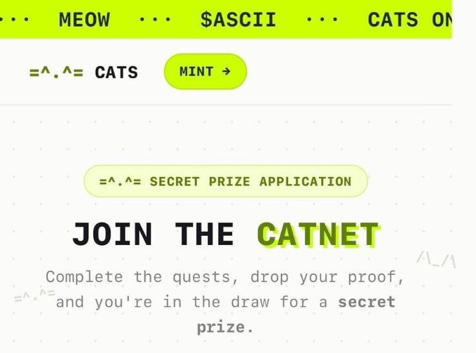 A webpage for '=^.^= CATS' featuring an ASCII cat mascot, navigation reading '... MEOW ... $ASCII ... CATS ON...', and a 'JOIN THE CATNET' section about completing quests for a secret prize.