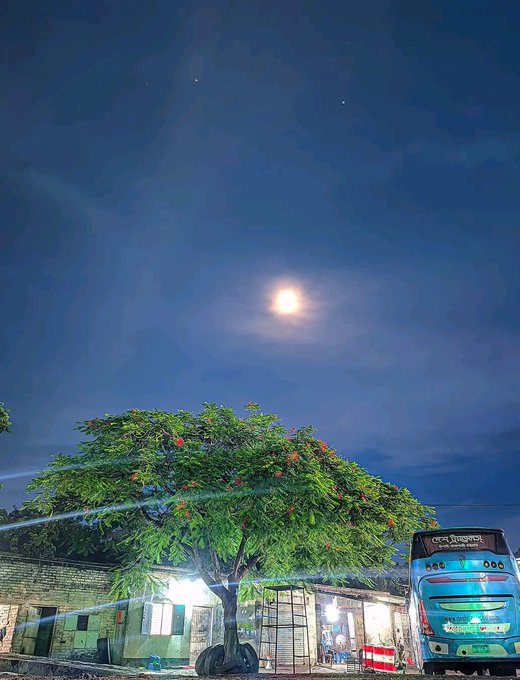 The image features a large tree with red flowers, situated under a full moon at night. A blue bus is parked next to this tree, which appears to be an old building or house. The sky above them has some clouds, adding depth to the scene. The photo seems to have been taken during the day and posted on social media platforms like Instagram, with the caption "Good night my X legends Your day going well today @XOOBNetwork 3look Today alpha @useTria @sleepagotchi".