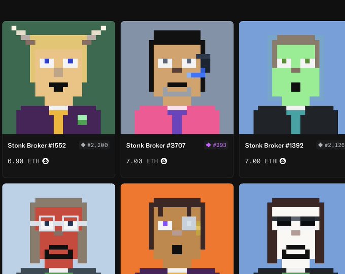 A grid of pixel-art "Stonk Broker" NFT portraits (including #1552 at 6.90 ETH, #3707 at 7.00 ETH, and #1392 at 7.00 ETH) celebrates a new all-time-high floor price of 6.9 ETH, matching the poster's bullish declaration of "CLOCK TF IN 2.0 MODE, ENGAGE!" for the collection.