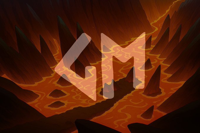 The image shows a stylized illustration of a fiery underworld or hellscape, featuring jagged dark rocky spires rising from rivers of glowing orange lava. The post "GM MYTHS – Happy Sunday" likely riffs on the "Good Morning" crypto greeting, with the fiery, mythological scene visually representing the "myths" portion of the phrase.