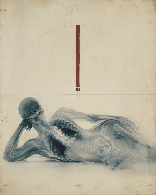 An artistic X-ray style illustration of a reclining skeletal figure, with its head propped on its hand and a red mechanical object pointing downward from above on a vintage parchment-like background.