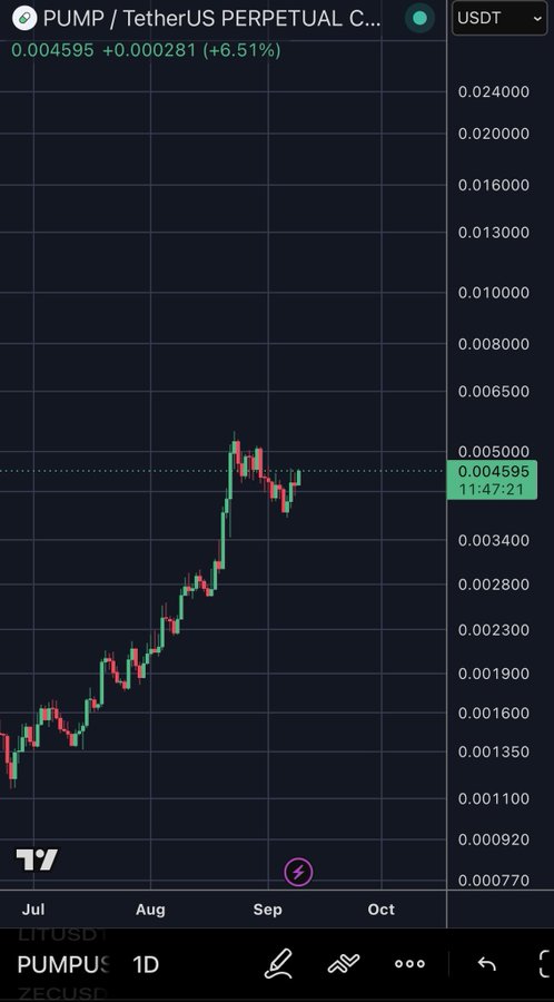A TradingView chart of PUMP/USDT Perpetual on the 1D timeframe shows the price at 0.004595, up +6.51% (+0.000281), having recovered from a multi-week pullback near 0.000920 in July to a bull flag consolidation around 0.005 in September—visually capturing the "accumulation on pullback" followed by the bullish breakout the trader describes as setting up for higher prices.