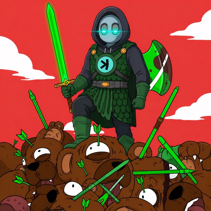 A hooded warrior in green armor wields a glowing green sword and shield while standing triumphantly atop a pile of defeated brown teddy bears pierced by green arrows, visually personifying the "Kaspa KAS" branding as a heroic defender conquering bearish opponents. The post's reference to fighting "$KAS bears" ties directly to the imagery of the armored figure vanquishing the bear-shaped figures, with the "K" emblem on the chest representing the Kaspa cryptocurrency.