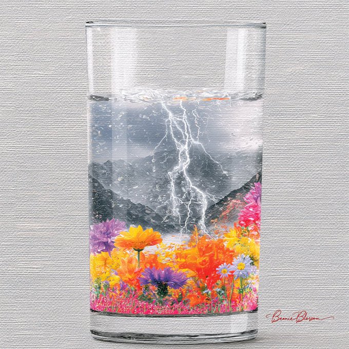 A tall glass of water contains a vivid scene of a lightning storm over mountains with a vibrant field of colorful flowers (orange, yellow, pink, and purple blooms) at the base, signed "Bernie Blossom" in the lower right. The image aligns with the post's water art theme, showcasing an artistic fusion of nature's elements—stormy weather, floral beauty, and crystal-clear water—likely shared as part of a creative water art tagging challenge.