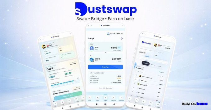 The image features three cell phones with different apps displayed on them. One of these apps is called "@DustswapOnBase" which stands out as a unique take on decentralized finance, focusing on real users rather than just deep-pocketed liquidity providers. The other two apps are not visible in the image and do not seem to be related to the main app being displayed.