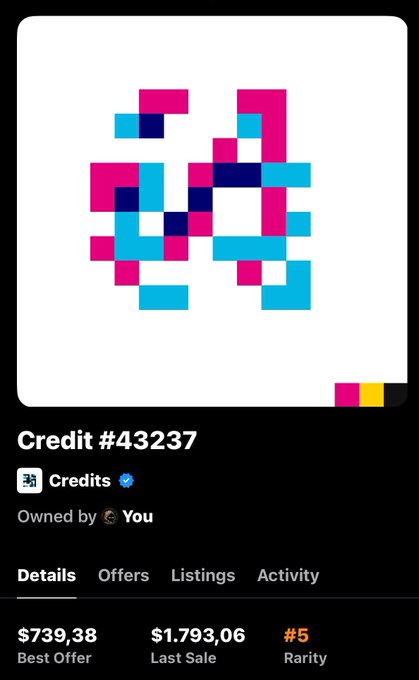 A digital NFT listing for "Credit #43237" from the Credits collection, currently owned by "You," showing a Best Offer of $739.38, a Last Sale of $1,793.06, and a Rarity rank of #5 — which aligns with the user's post about acquiring the rare #5 rank piece from @jackbutcher's 124K supply Credits collection and asking for pricing advice.