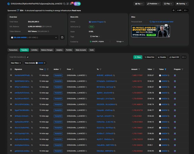 The image shows a Solana blockchain explorer page for the wallet address "6V6U3mYkxZSRpXmMAPAoYXb7uGpszwjQAidjEJVKC52," displaying a total balance of approximately 6,990,541,405,422 tokens (worth $51,203,209.30) and a list of recent transfers involving the ticker "9cRCn9rGT8V2imeM2BaKs13yhMEais3ruM3rPvTGpump" (ANSOM). This screenshot appears to be used as evidence of a third-phase token airdrop, demonstrating the wallet's transaction history to promote a "free token" giveaway scheme that typically requires users to submit their SOL addresses and personal information.