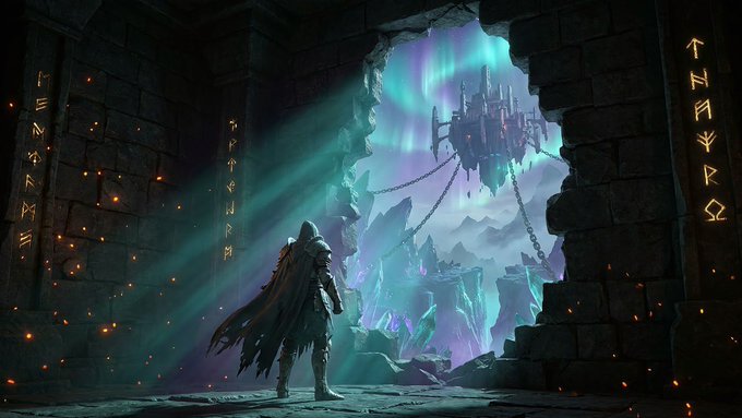 A cloaked warrior stands at the entrance of an ancient stone gateway inscribed with glowing runes, gazing out at a fantastical landscape where a dark floating castle is chained between jagged peaks beneath a vibrant aurora-filled sky, evoking the hardcore, high-stakes fantasy world of the Veilbound browser-based MMO.