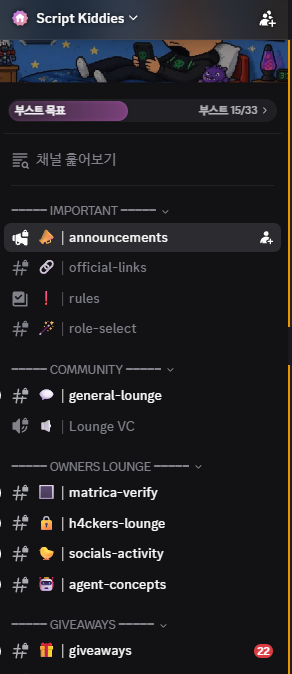 A screenshot of a Discord server interface titled 'Script Kiddies' showing various channel categories including 'IMPORTANT', 'COMMUNITY', and 'OWNERS LOUNGE'.