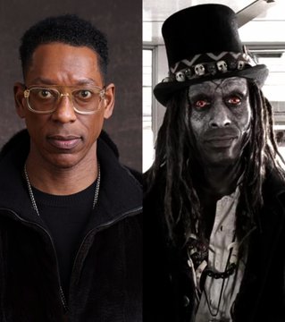The image shows a side-by-side comparison of actor Orlando Jones in a casual portrait wearing glasses and a black jacket (left), alongside his transformed appearance as the character Osiris from American Gods, featuring dark skin makeup, red eyes, a decorated top hat, and long dreadlocks (right) — a striking before-and-after of the actor's remarkable special effects transformation.