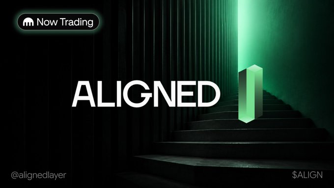 A promotional banner for Aligned Layer's $ALIGN token launch on Kraken, featuring the bold "ALIGNED" logo with a glowing green pillar element against a dark staircase background. The image displays "Now Trading" in the top left corner along with "@alignedlayer" and "$ALIGN" labels, visually announcing the availability of the native token for the ecosystem built for remittances, neobanks, stablecoin payments, and digital identity.