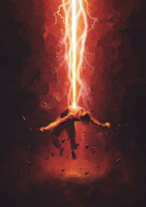 A figure is engulfed by a powerful bolt of lightning streaking down through a red, cloud-filled sky in this dramatic digital artwork. The image evokes a sense of electrifying power and transformation, fitting for a "Gm!" (good morning) post conveying high energy and a bold start to the day.