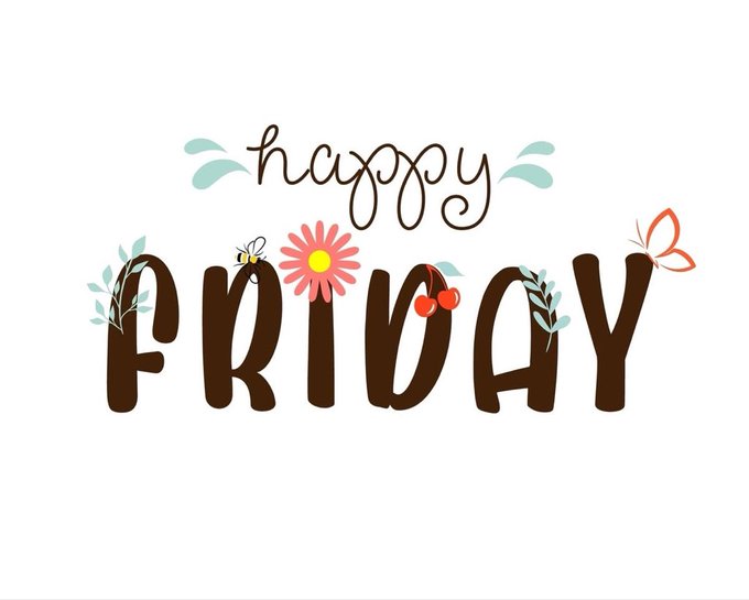 The image displays decorative hand-lettered typography reading "happy FRIDAY" in brown script, adorned with whimsical illustrations of a bee, pink flower, red cherries, mint-green leaves, and an orange butterfly. The cheerful, nature-inspired design aligns with the post's celebratory Friday message, visually reinforcing the welcoming question about plans—whether staying locked in or enjoying the outdoors.