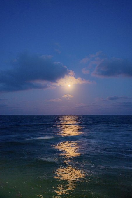 A nighttime ocean scene showing the moon glowing through clouds, casting a shimmering golden reflection across the dark water.