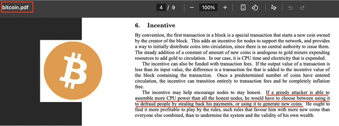 A screenshot of page 4 of 9 from the Bitcoin Whitepaper PDF, showing Section 6 "Incentive" with the Bitcoin logo on the left. The visible text explains the incentive mechanism for miners, with the highlighted portion discussing how an attacker would find it more profitable to play by the rules than to undermine the system.