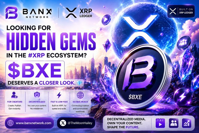 The image features an advertisement for Bitcoin, with a large purple coin labeled "SFX" at the center of the poster. The background shows a city skyline, suggesting that the Bitcoin ecosystem might be located in a major financial hub or urban area. The text on the poster reads "Looking for hidden gems in the #XRP ecosystem? $BXE deserves a closer look." This implies that the Bitcoin exchange is looking to invest in and promote the use of Ripple coins as part of their offerings, potentially targeting users who are interested in exploring new ways to engage with the cryptocurrency market.