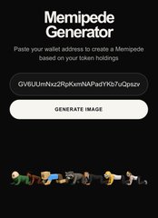A Memipede Generator interface displaying the text "Paste your wallet address to create a Memipede based on your token holdings" with a token address field and a "GENERATE IMAGE" button.
