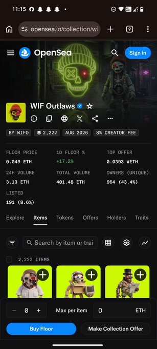 A screenshot of the OpenSea NFT marketplace showing the "WIF Outlaws" collection page with 2,222 items, a floor price of 0.049 ETH, and a 24H volume of 3.13 ETH. The image ties to the post by highlighting a trending NFT collection, poking fun at silent critics while celebrating the energy of web3.