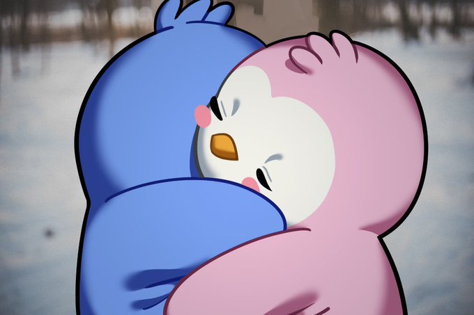A cartoon illustration of two chubby bird-like characters, one blue and one pink, hugging affectionately with a snowy background.