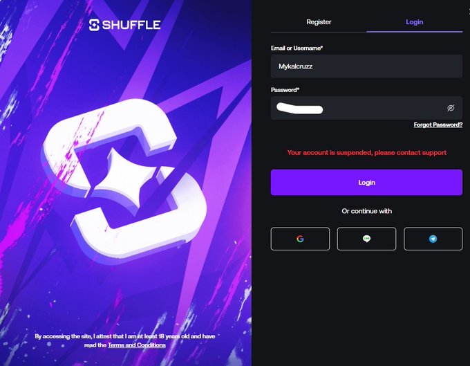 The image shows a Shuffle.com login screen displaying a red error message that reads "Your account is suspended, please contact support," directly illustrating the user's issue of being unable to access their suspended account after making deposits.
