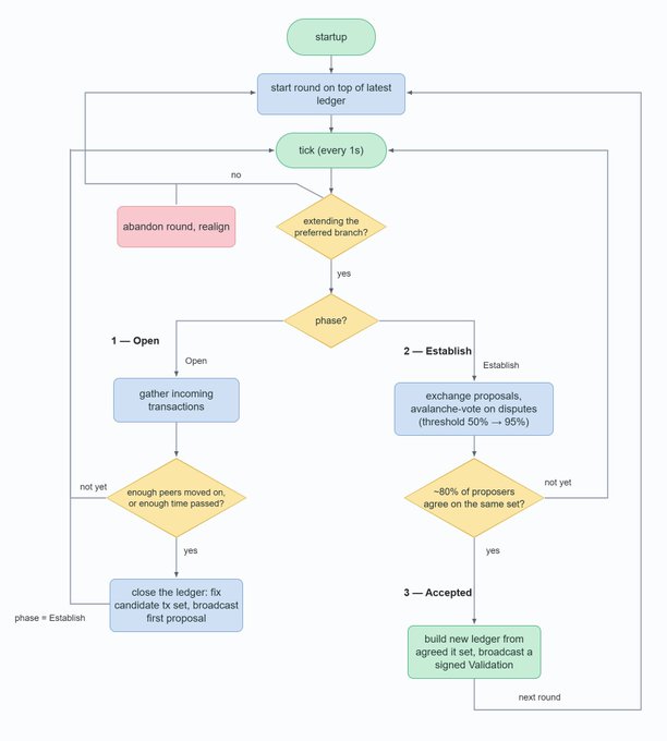 A flowchart titled "startup" that illustrates the XRPL consensus protocol's round-based process, featuring decision points like "extending the preferred branch?" with branches leading to "abandon round, realign" or proceeding through phases—Open, Establish, and Accepted—before building a new ledger and broadcasting a signed Validation.