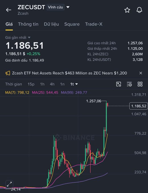 A Binance chart for ZEC/USDT (Zcash), showing a current price of 1,186.51 USDT, a 24-hour high of 1,257.06, low of 1,125.00, and 2.60M ZEC traded.