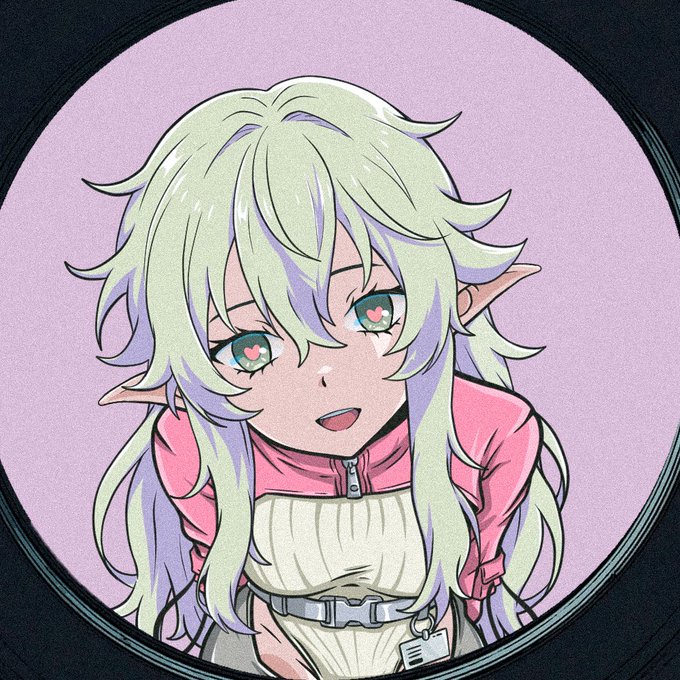 An anime-style illustration framed in a circular vinyl record, featuring a green-haired elf character with heart-shaped irises wearing a pink and cream outfit.