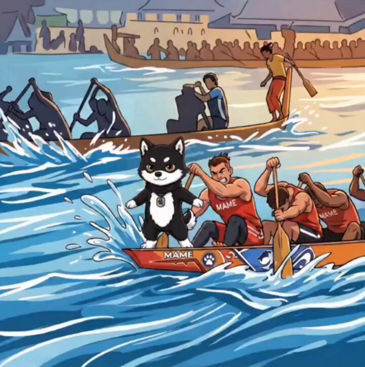 The image features a cartoon scene with two boats, one being a dog boat and another being a human boat. The dog boat has a person riding it while holding an oar, and there are other people around them as well. The human boat is also in motion on the water, but without any visible figures or objects inside of it. The image seems to be related to the post "MAME still remembers the emoji culture. Or are there others who also hope for its return?" which asks about the return of a specific character from the past.