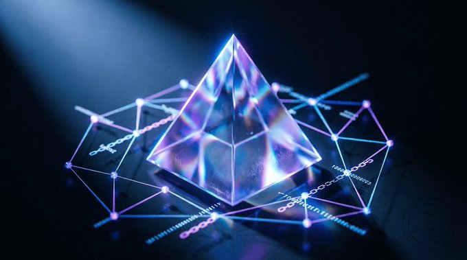 A glowing translucent crystal pyramid sits atop a futuristic digital circuit board with illuminated nodes and connecting lines.